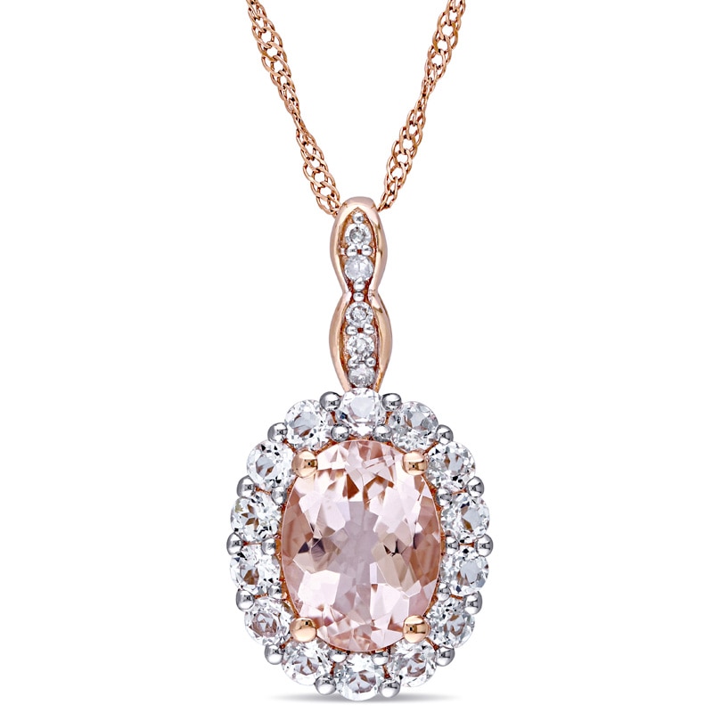 Main Image 1 of Previously Owned - Oval Morganite, White Topaz and Diamond Accent Frame Pendant in 14K Rose Gold