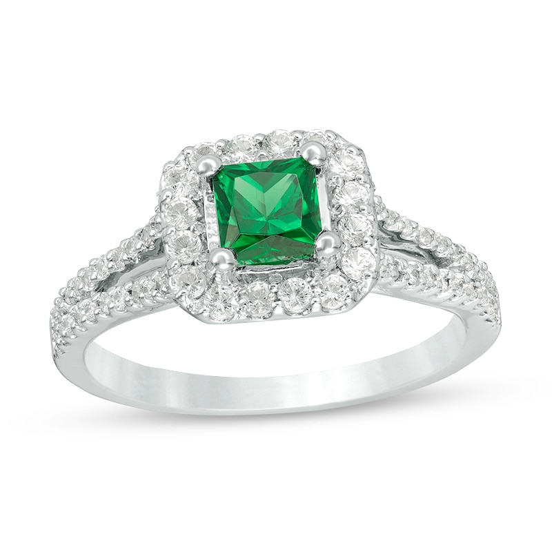 Main Image 1 of Previously Owned - Lab-Created Emerald, White Sapphire and 1/4 CT. T.W. Diamond Engagement Ring in Sterling Silver