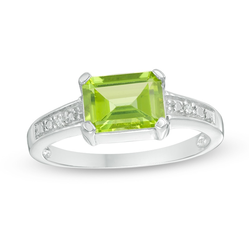 Main Image 1 of Previously Owned - Emerald-Cut Peridot and Diamond Accent Ring in Sterling Silver