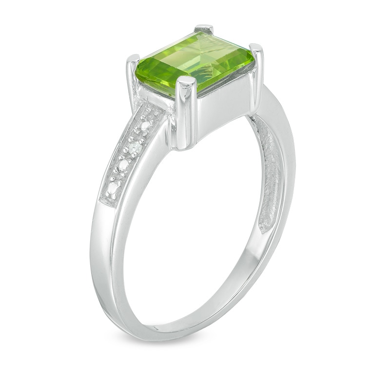 Main Image 2 of Previously Owned - Emerald-Cut Peridot and Diamond Accent Ring in Sterling Silver