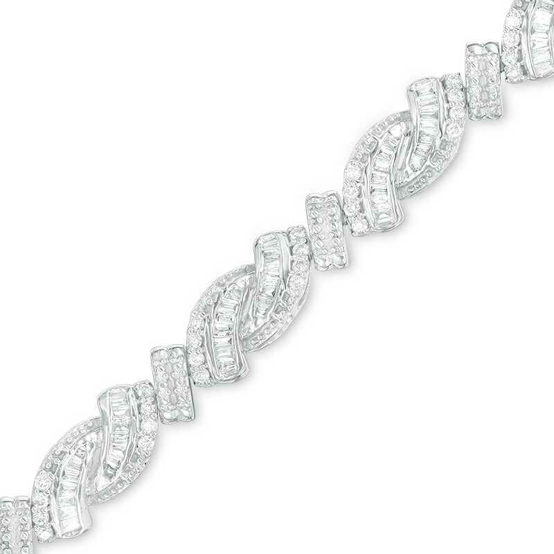 Main Image 1 of Previously Owned - 2 CT. T.W. Baguette and Round Diamond Bypass Bracelet in Sterling Silver