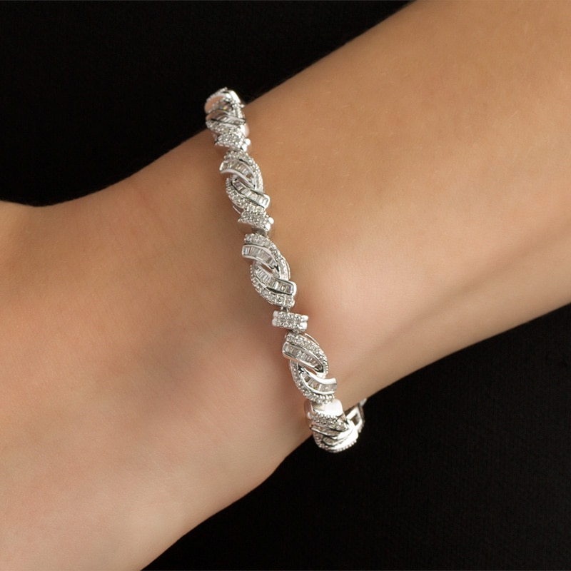Main Image 2 of Previously Owned - 2 CT. T.W. Baguette and Round Diamond Bypass Bracelet in Sterling Silver