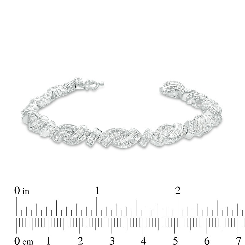 Main Image 3 of Previously Owned - 2 CT. T.W. Baguette and Round Diamond Bypass Bracelet in Sterling Silver