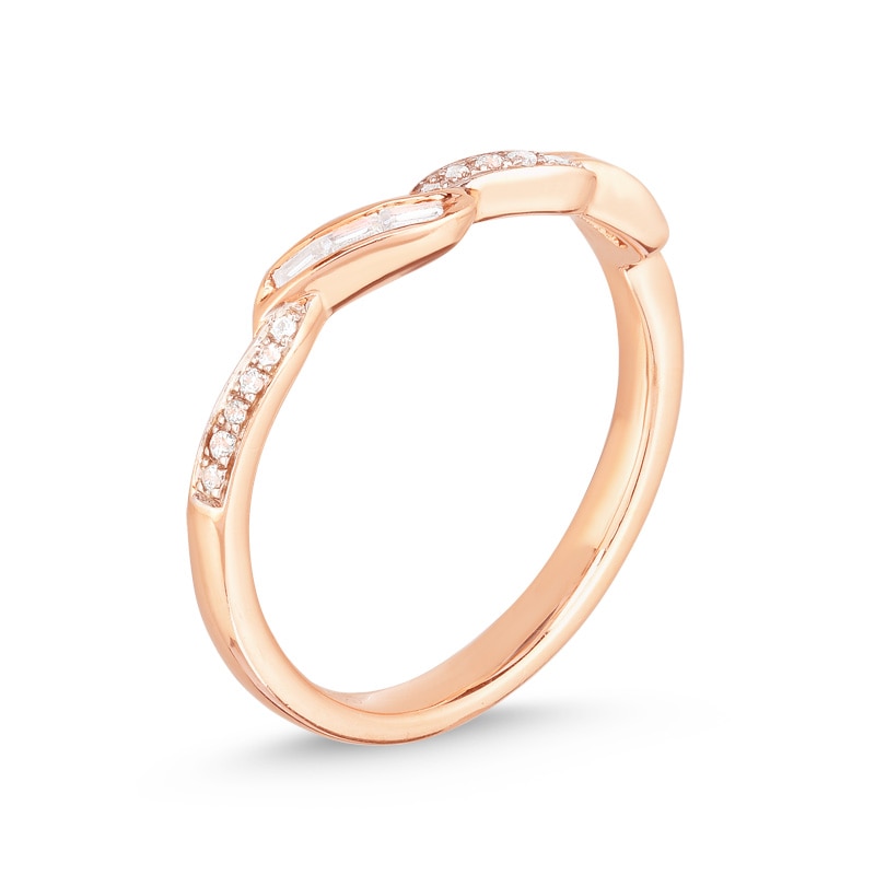 Previously Owned - 1/6 CT. T.W. Baguette and Round Diamond Wave Wedding Band in 10K Rose Gold