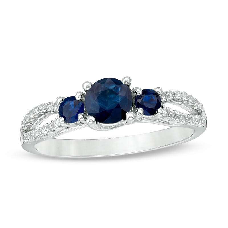 Main Image 1 of Previously Owned - Blue Sapphire and 1/8 CT. T.W. Diamond Three Stone Split Shank Ring in 10K White Gold