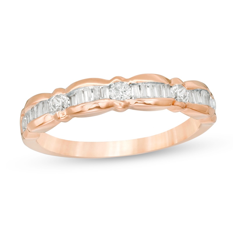 Main Image 1 of Previously Owned - 1/3 CT. T.W. Baguette and Round Diamond Scallop Wedding Band in 10K Rose Gold