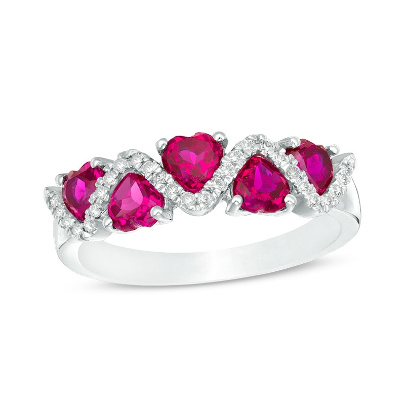 Main Image 1 of Previously Owned - 4.5mm Heart-Shaped Lab-Created Ruby and 1/15 CT. T.W. Diamond Zig-Zag Motif Ring in 10K White Gold
