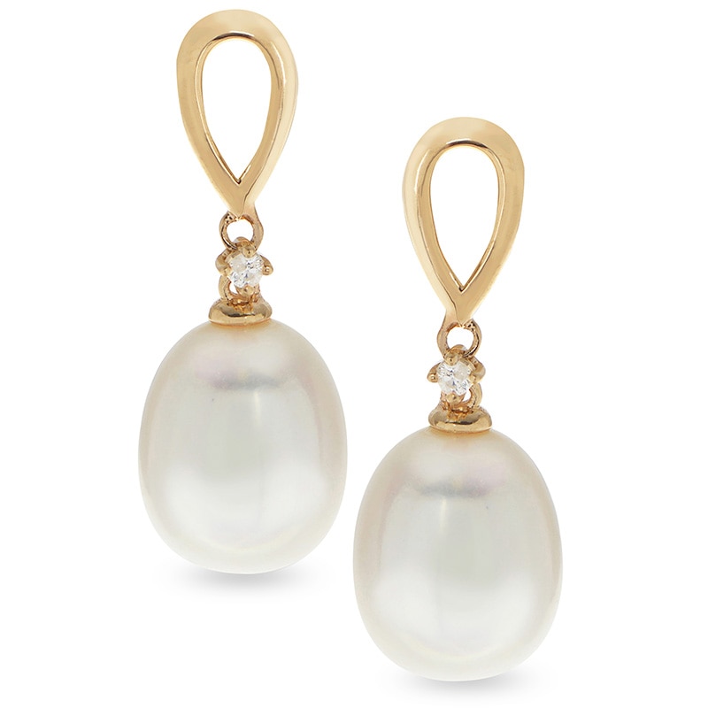 Main Image 1 of Previously Owned-8.0-9.0mm Oval Freshwater Cultured Pearl and Diamond Accent Loop drop Earrings in 14K Gold