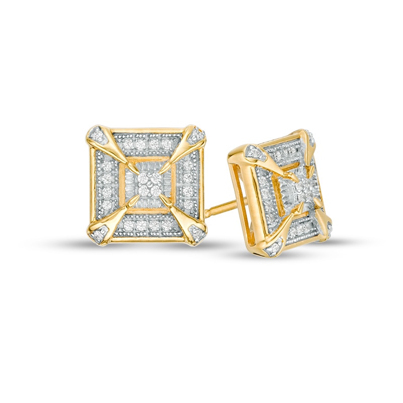 Main Image 1 of Previously Owned - Men's 1/8 CT. T.W. Quad Diamond Frame Stud Earrings in Sterling Silver with 14K Gold Plate