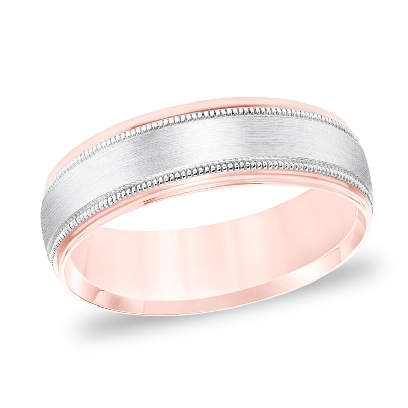 Main Image 1 of Previously Owned - Men's 6.5mm Comfort-Fit Brushed center Milgrain-Edge Wedding Band in 14K Two-Tone Gold