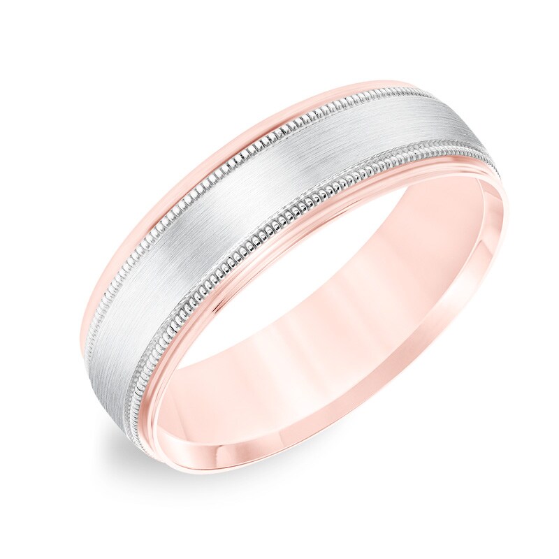 Main Image 2 of Previously Owned - Men's 6.5mm Comfort-Fit Brushed center Milgrain-Edge Wedding Band in 14K Two-Tone Gold