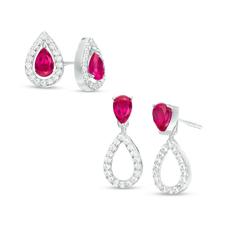 Main Image 1 of Previously Owned - Pear-Shaped Lab-Created Ruby and White Sapphire Convertible Front/Back Earrings in Sterling Silver
