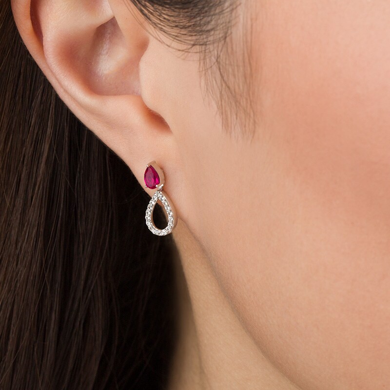 Main Image 2 of Previously Owned - Pear-Shaped Lab-Created Ruby and White Sapphire Convertible Front/Back Earrings in Sterling Silver