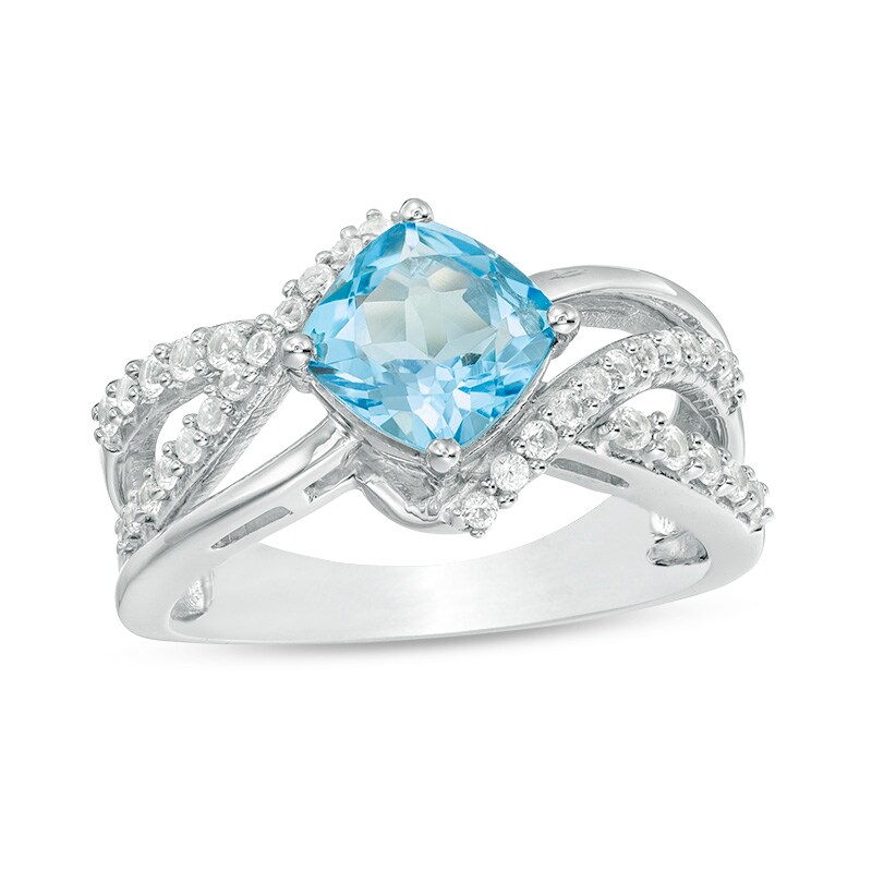 Main Image 1 of Previously Owned - Cushion-Cut Swiss Blue Topaz and White Lab-Created Sapphire Multi-Row Ring in Sterling Silver