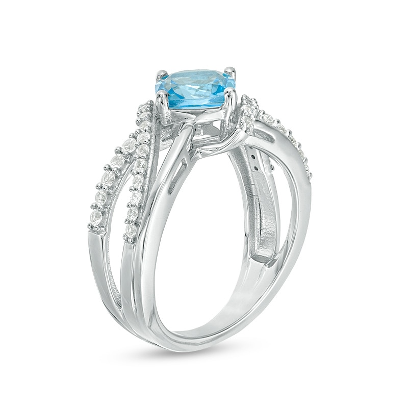Main Image 2 of Previously Owned - Cushion-Cut Swiss Blue Topaz and White Lab-Created Sapphire Multi-Row Ring in Sterling Silver