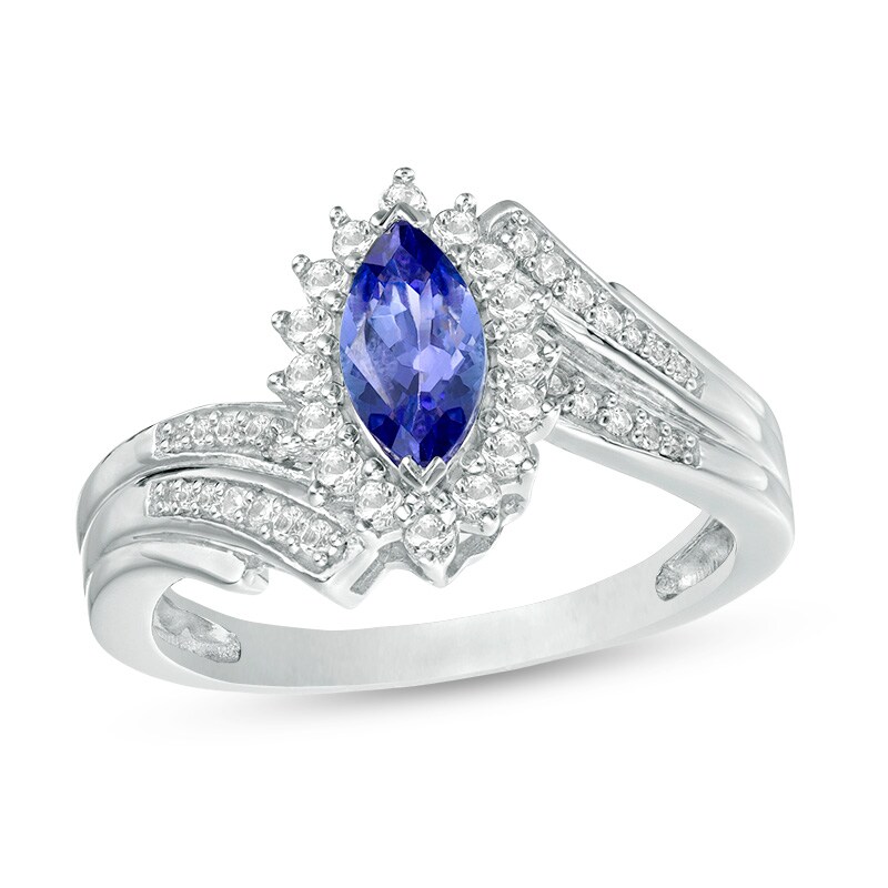 Main Image 1 of Previously Owned - Tanzanite and White Lab-Created Sapphire Starburst Frame Multi-Row Bypass Ring in Sterling Silver
