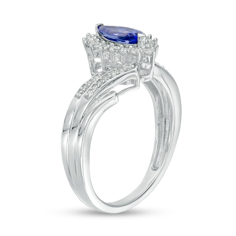 Main Image 2 of Previously Owned - Tanzanite and White Lab-Created Sapphire Starburst Frame Multi-Row Bypass Ring in Sterling Silver