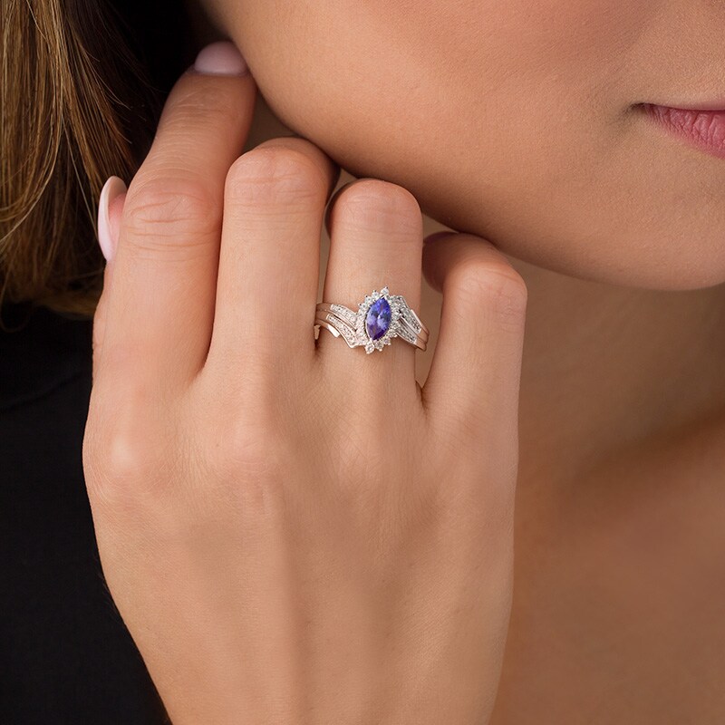Main Image 3 of Previously Owned - Tanzanite and White Lab-Created Sapphire Starburst Frame Multi-Row Bypass Ring in Sterling Silver