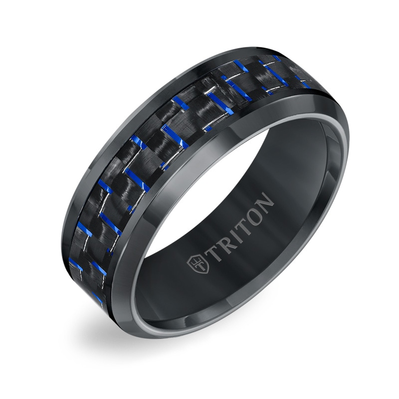 Main Image 2 of Previously Owned - Triton 8.0mm Comfort-Fit Blue Carbon fiber Wedding Band in Black Titanium