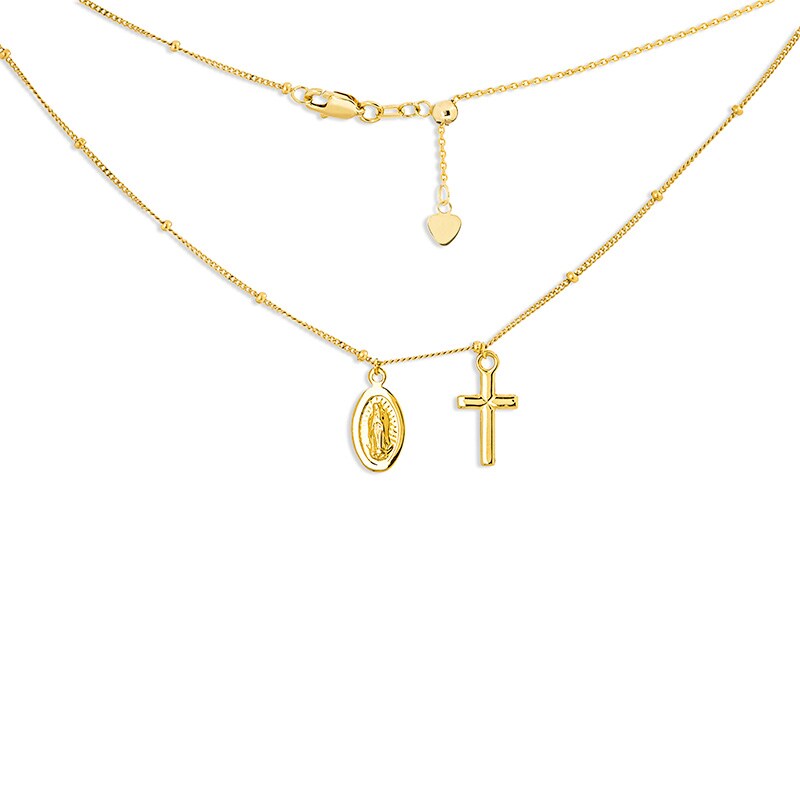Main Image 1 of Previously Owned - Virgin Mary and Cross Dangle Charm Bead Choker Necklace in 14K Gold - 16"