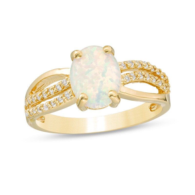 Main Image 1 of Previously Owned - Oval Lab-Created Opal and White Topaz Crossover Ring in Sterling Silver with 18K Gold Plate
