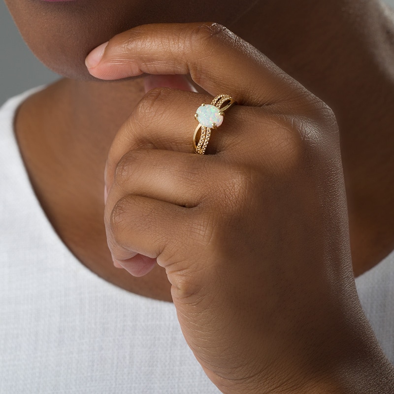 Main Image 2 of Previously Owned - Oval Lab-Created Opal and White Topaz Crossover Ring in Sterling Silver with 18K Gold Plate