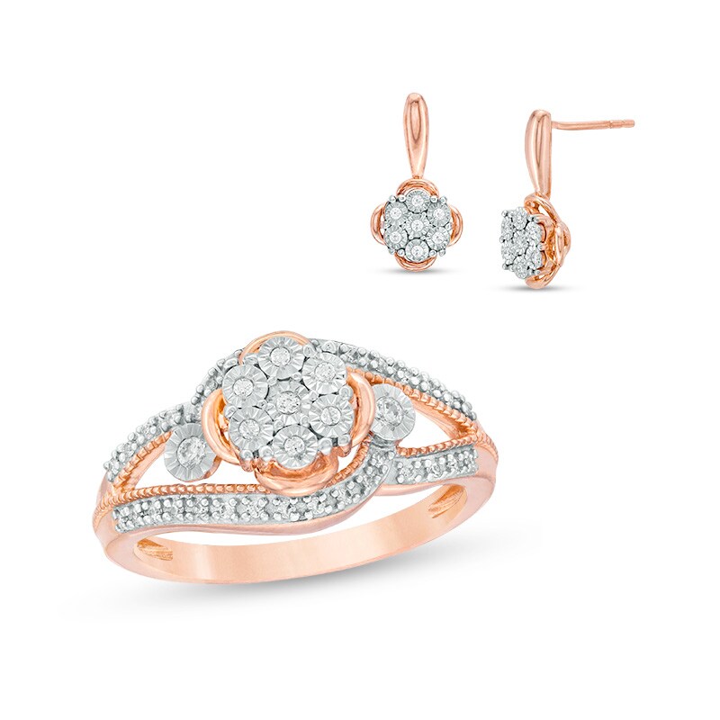 Main Image 1 of Previously Owned - 1/4 CT. T.W. Diamond Bypass Flower Ring and Earrings Set in Sterling Silver with 10K Rose Gold Plate