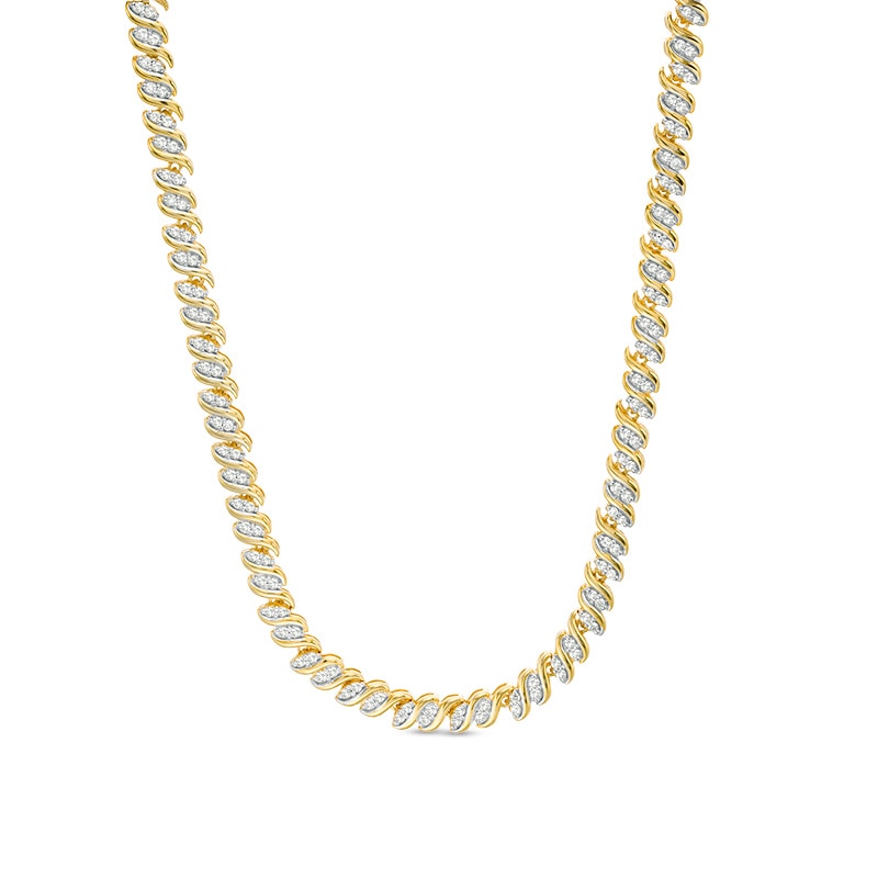 Previously Owned - 2 CT. T.W. Diamond Two-Stone Curve Tennis Necklace in Sterling Silver with Yellow Rhodium - 17"