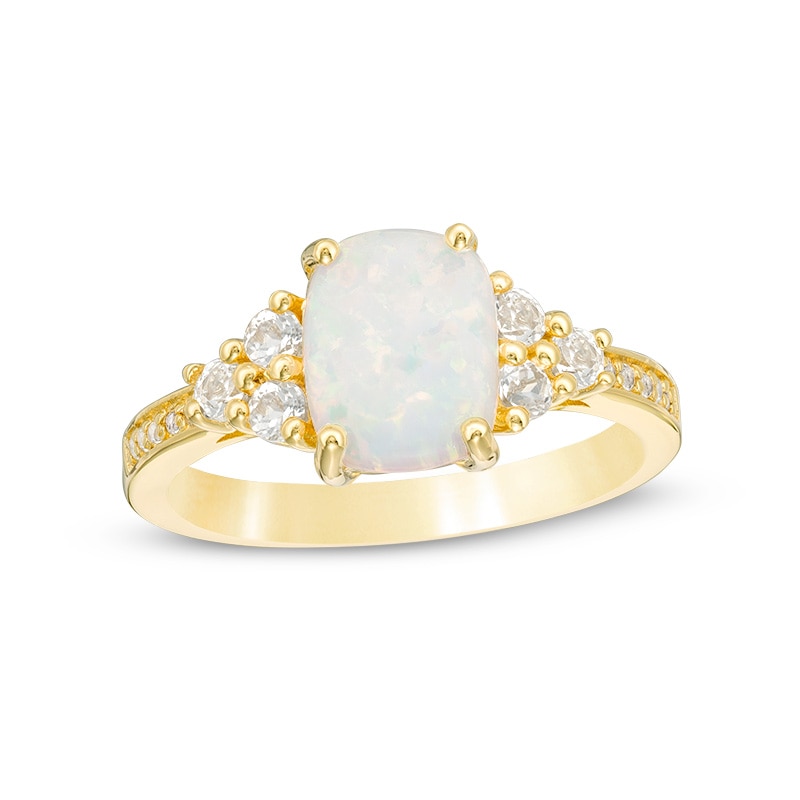 Main Image 1 of Previously Owned - Cushion-Cut Lab-Created Opal and White Topaz Tri-Sides Ring in Sterling Silver with 18K Gold Plate