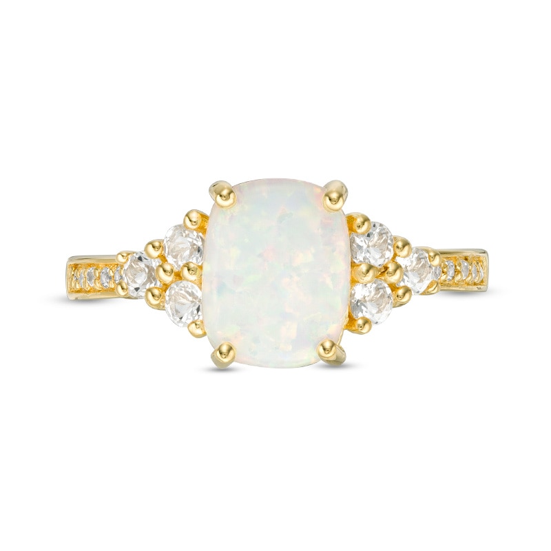 Main Image 3 of Previously Owned - Cushion-Cut Lab-Created Opal and White Topaz Tri-Sides Ring in Sterling Silver with 18K Gold Plate