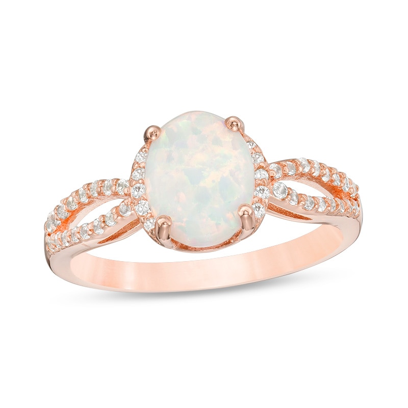Main Image 1 of Previously Owned - Oval Lab-Created Opal and White Topaz Split Shank Ring in Sterling Silver with 18K Rose Gold Plate