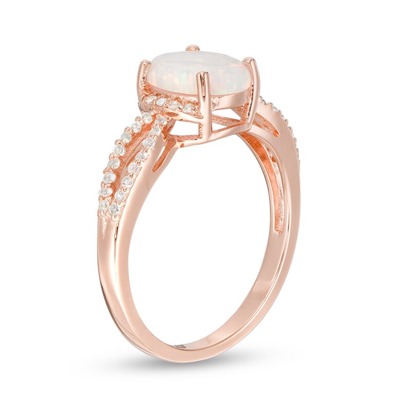 Main Image 2 of Previously Owned - Oval Lab-Created Opal and White Topaz Split Shank Ring in Sterling Silver with 18K Rose Gold Plate