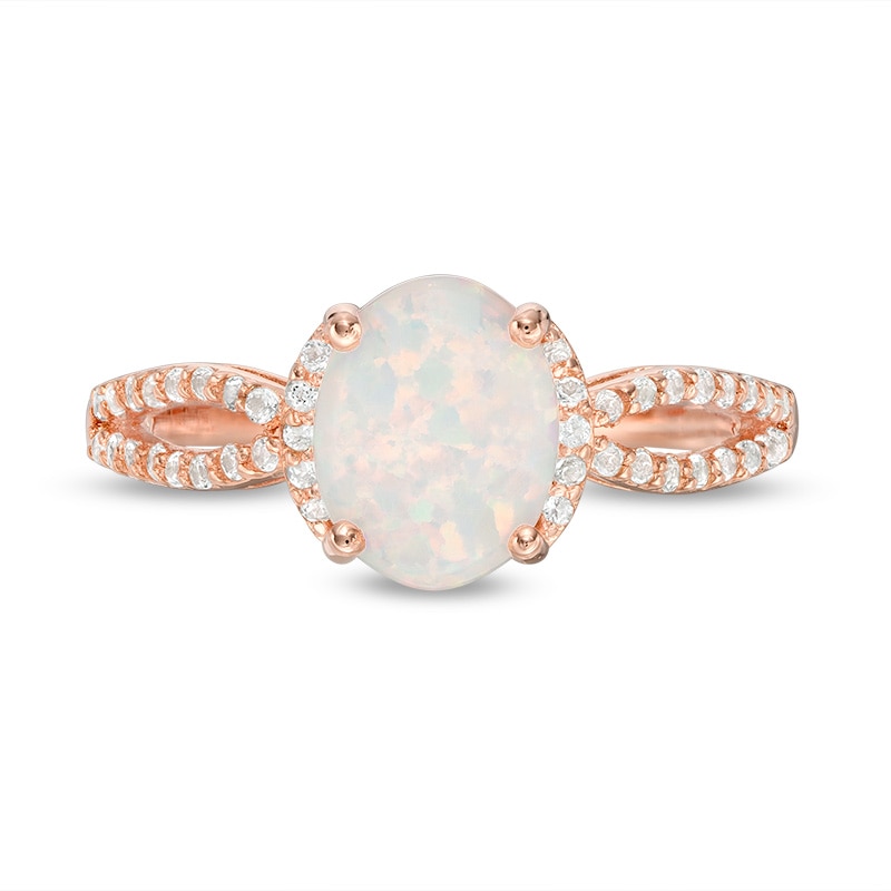 Main Image 3 of Previously Owned - Oval Lab-Created Opal and White Topaz Split Shank Ring in Sterling Silver with 18K Rose Gold Plate