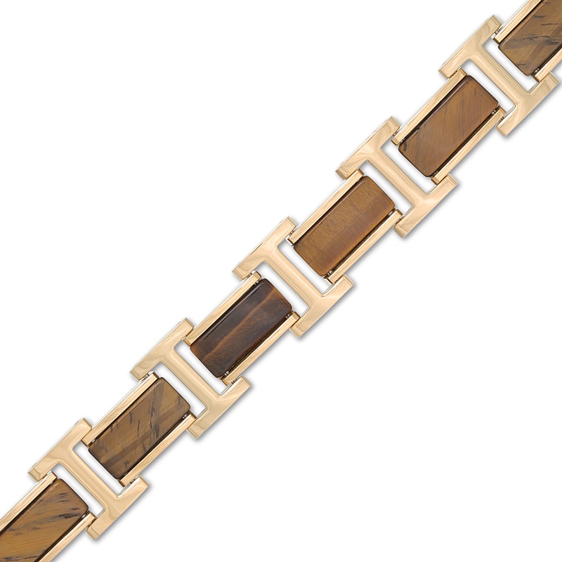 Main Image 1 of Previously Owned - Tiger's Eye Link Bracelet in Stainless Steel with Yellow IP - 8.5"