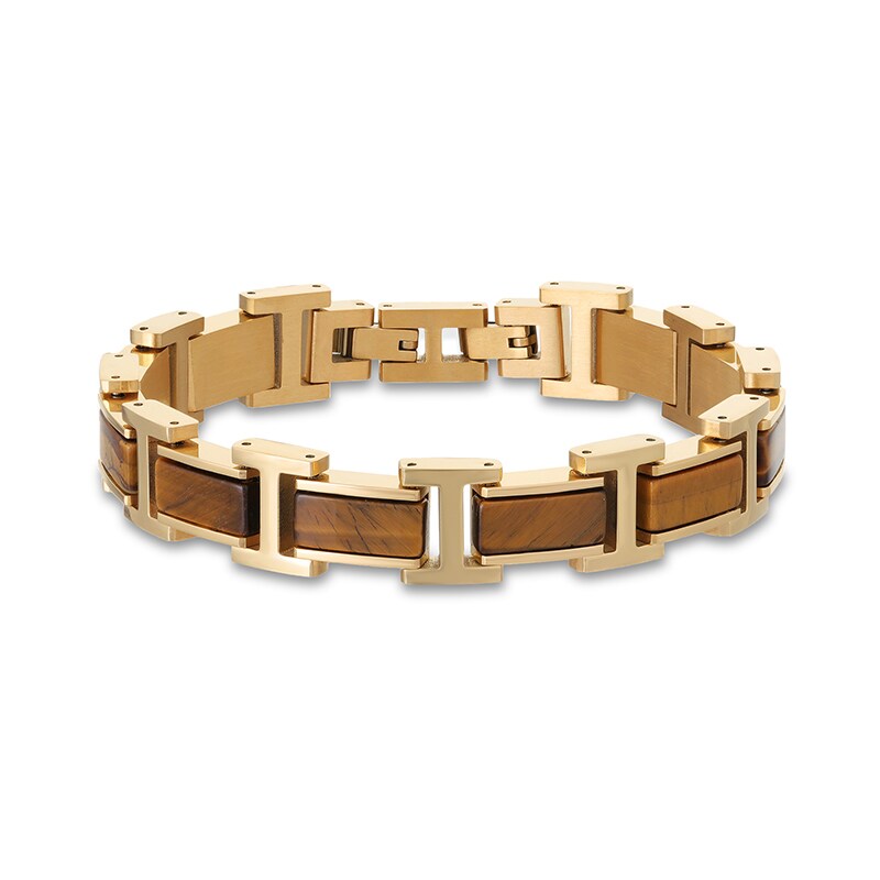 Main Image 2 of Previously Owned - Tiger's Eye Link Bracelet in Stainless Steel with Yellow IP - 8.5"