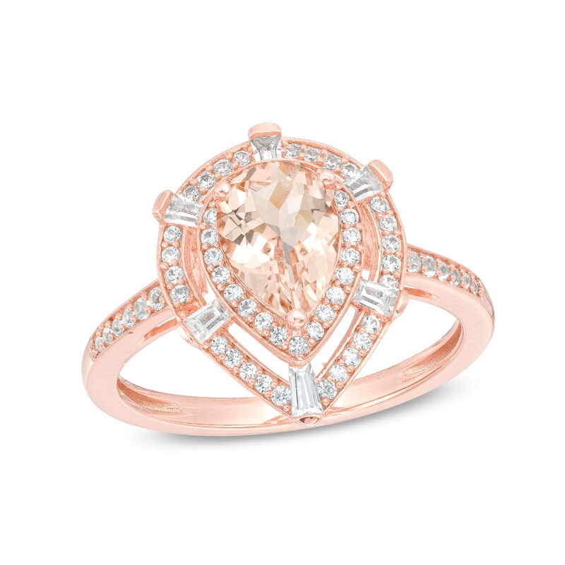 Main Image 1 of Previously Owned - Pear-Shaped Morganite and 1/3 CT. T.W. Diamond Double Frame Shield Ring in 10K Rose Gold