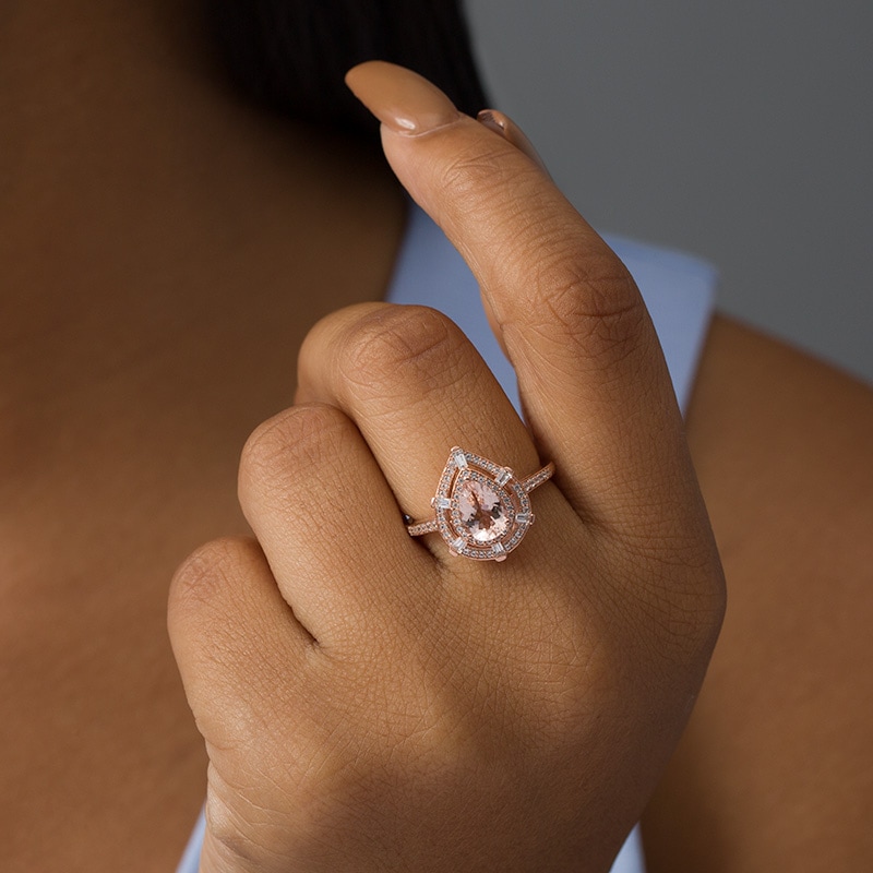Main Image 2 of Previously Owned - Pear-Shaped Morganite and 1/3 CT. T.W. Diamond Double Frame Shield Ring in 10K Rose Gold