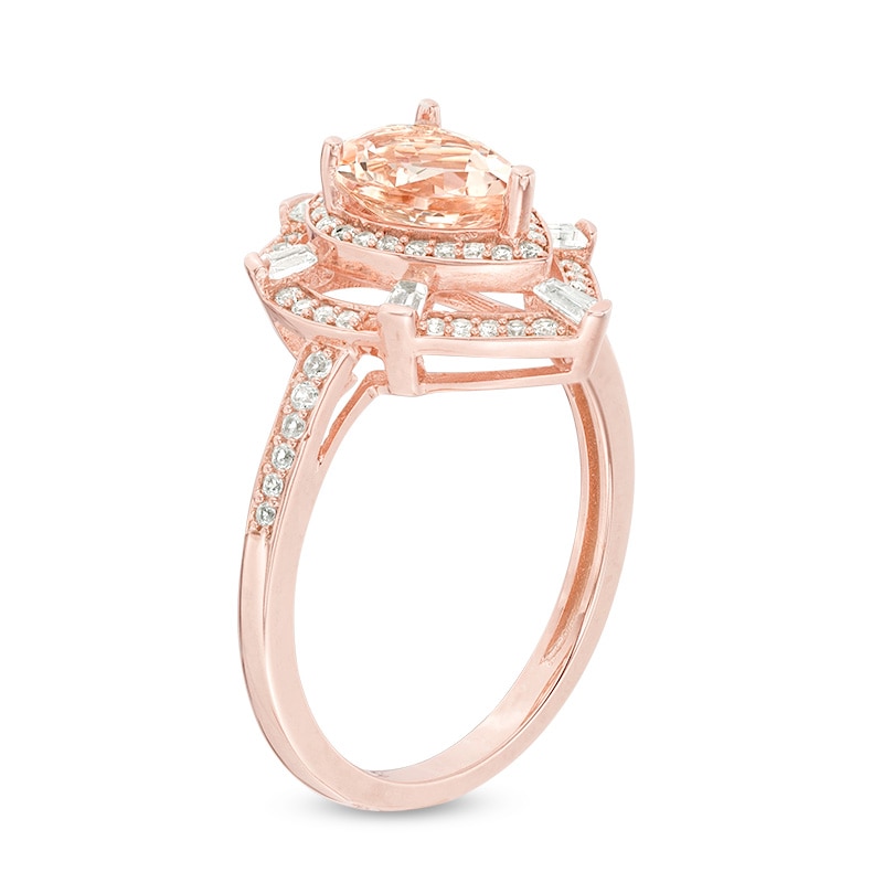 Main Image 3 of Previously Owned - Pear-Shaped Morganite and 1/3 CT. T.W. Diamond Double Frame Shield Ring in 10K Rose Gold