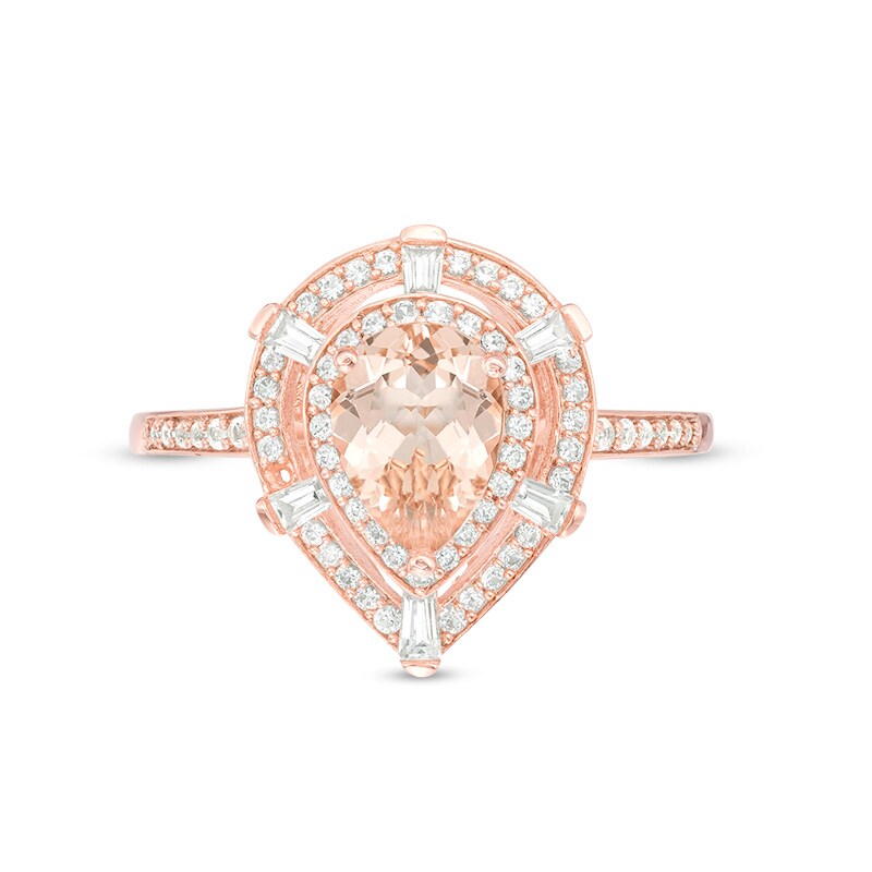 Main Image 4 of Previously Owned - Pear-Shaped Morganite and 1/3 CT. T.W. Diamond Double Frame Shield Ring in 10K Rose Gold