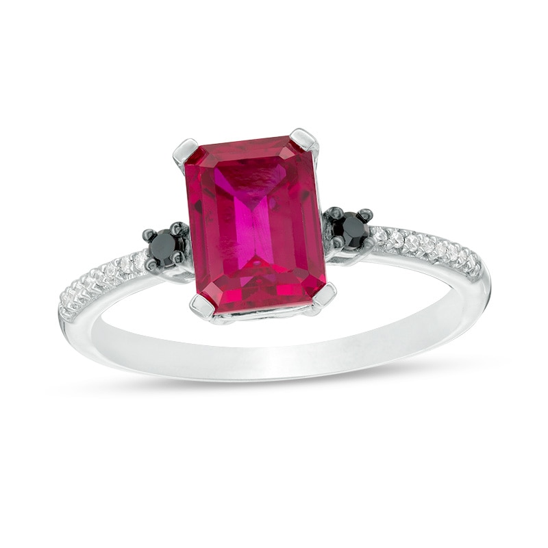 Main Image 1 of Previously Owned - Emerald-Cut Lab-Created Ruby and 1/10 CT. T.W.  Black and White Diamond Ring in 10K White Gold