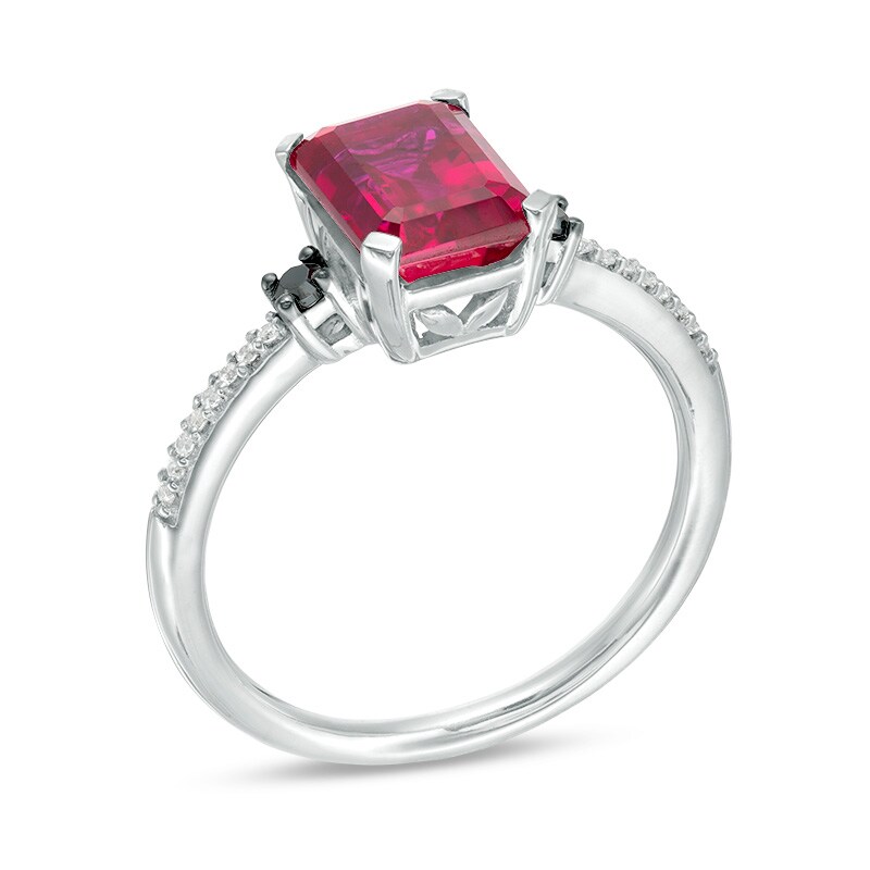 Main Image 2 of Previously Owned - Emerald-Cut Lab-Created Ruby and 1/10 CT. T.W.  Black and White Diamond Ring in 10K White Gold