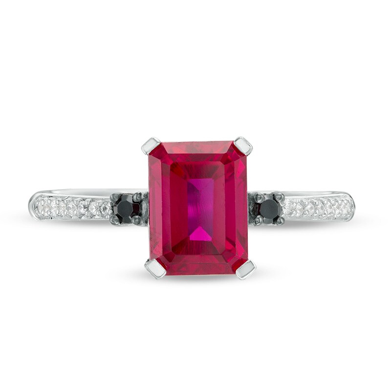 Main Image 3 of Previously Owned - Emerald-Cut Lab-Created Ruby and 1/10 CT. T.W.  Black and White Diamond Ring in 10K White Gold