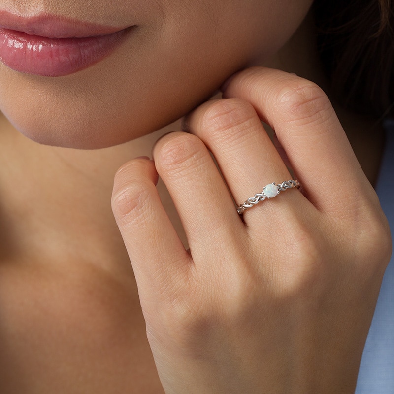 Main Image 2 of Previously Owned - 4.0mm Lab-Created Opal Solitaire Braided Shank Promise Ring in Sterling Silver
