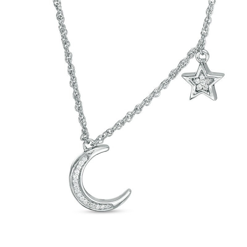 Main Image 1 of Previously Owned - 1/15 CT. T.W. Diamond Crescent Moon and Star Necklace in Sterling Silver
