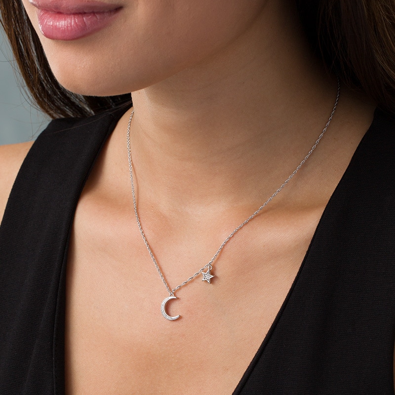 Main Image 2 of Previously Owned - 1/15 CT. T.W. Diamond Crescent Moon and Star Necklace in Sterling Silver