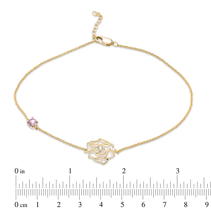 Main Image 2 of Previously Owned - 4.0mm Lab-Created Pink and White Sapphire Rose Anklet in 10K Gold - 10"