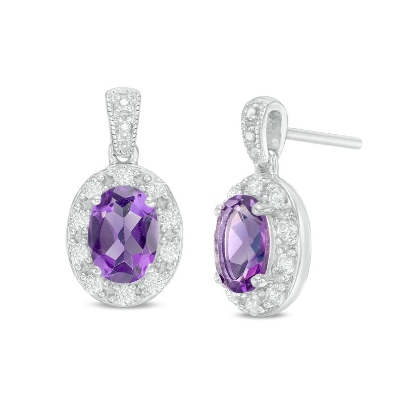 Previously Owned - Oval Amethyst and Lab-Created White Sapphire Frame Vintage-Style Drop Earrings in Sterling Silver