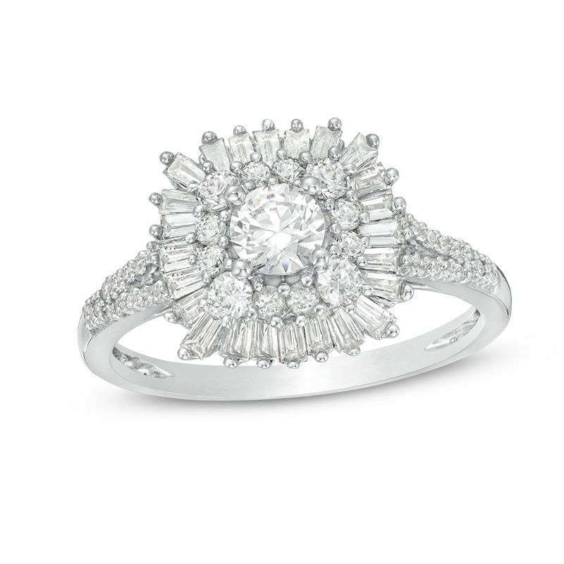 Main Image 1 of Previously Owned - 1 CT. T.W. Diamond Double Cushion Sunburst Frame Engagement Ring in 14K White Gold