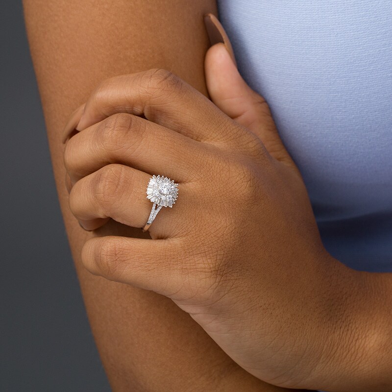Main Image 2 of Previously Owned - 1 CT. T.W. Diamond Double Cushion Sunburst Frame Engagement Ring in 14K White Gold