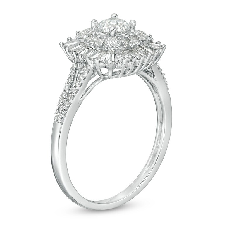Main Image 3 of Previously Owned - 1 CT. T.W. Diamond Double Cushion Sunburst Frame Engagement Ring in 14K White Gold